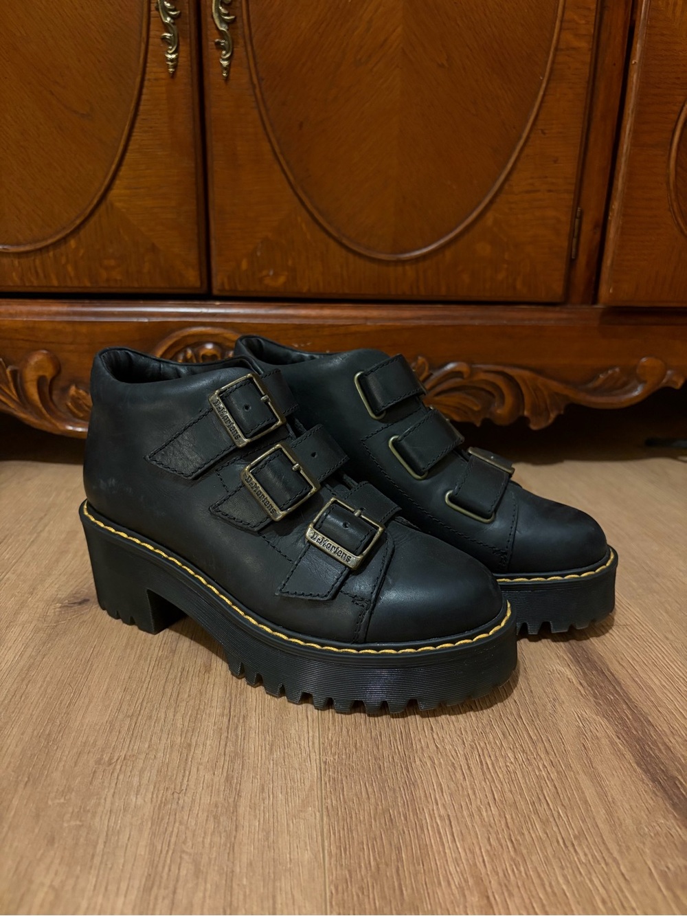 Dr. Martens Black Triple-Buckle Platform Ankle Boots